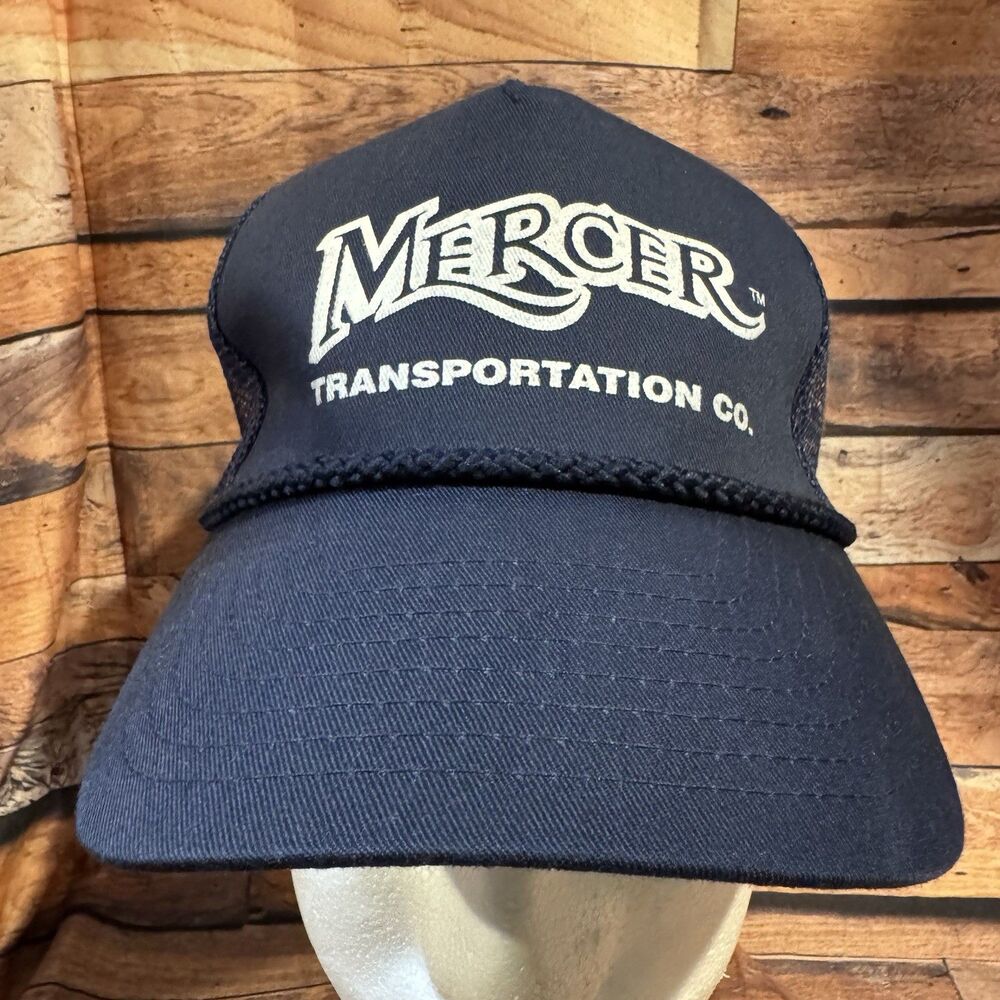 Vtg Mercer Transportation Trucker Hat Navy Blue Mesh Rope Nissin Cap Snapback